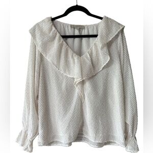 LOFT Textured Cream Blouse with Ruffle Detail
